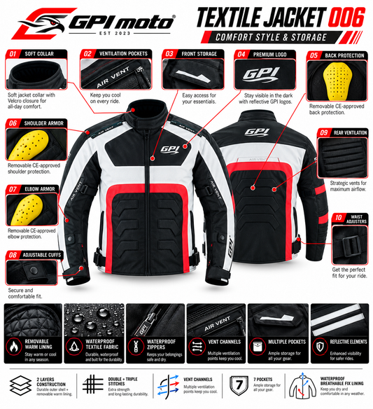 Men’s All-Season High Premium Quality Waterproof Motorcycle Jacket with 4 Pockets – Black/Beach/Red