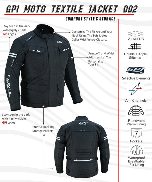Men’s All-Season High Premium Quality Waterproof Motorcycle Jacket with Removable Armor – Full Black-