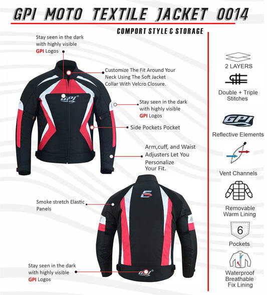 Men’s High Premium Quality All Season 4 Pockets Waterproof Motorcycle Black/Red/White Jacket