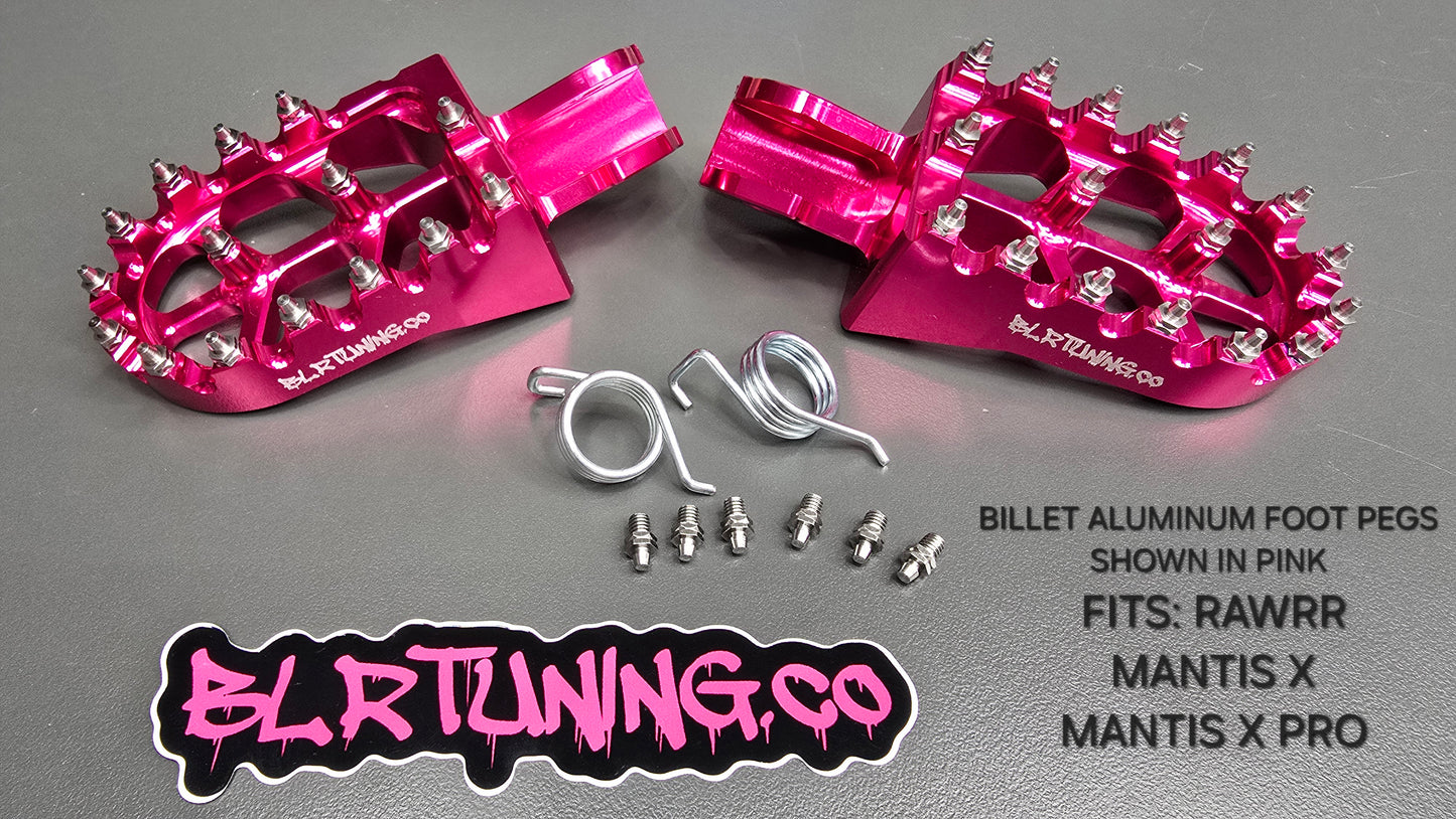 FOOT PEGS FOR RAWRR MANTIS X AND MANTIS X PRO BILLET ALUMINUM WITH STAINLESS STEEL TEETH BY BLR TUNING