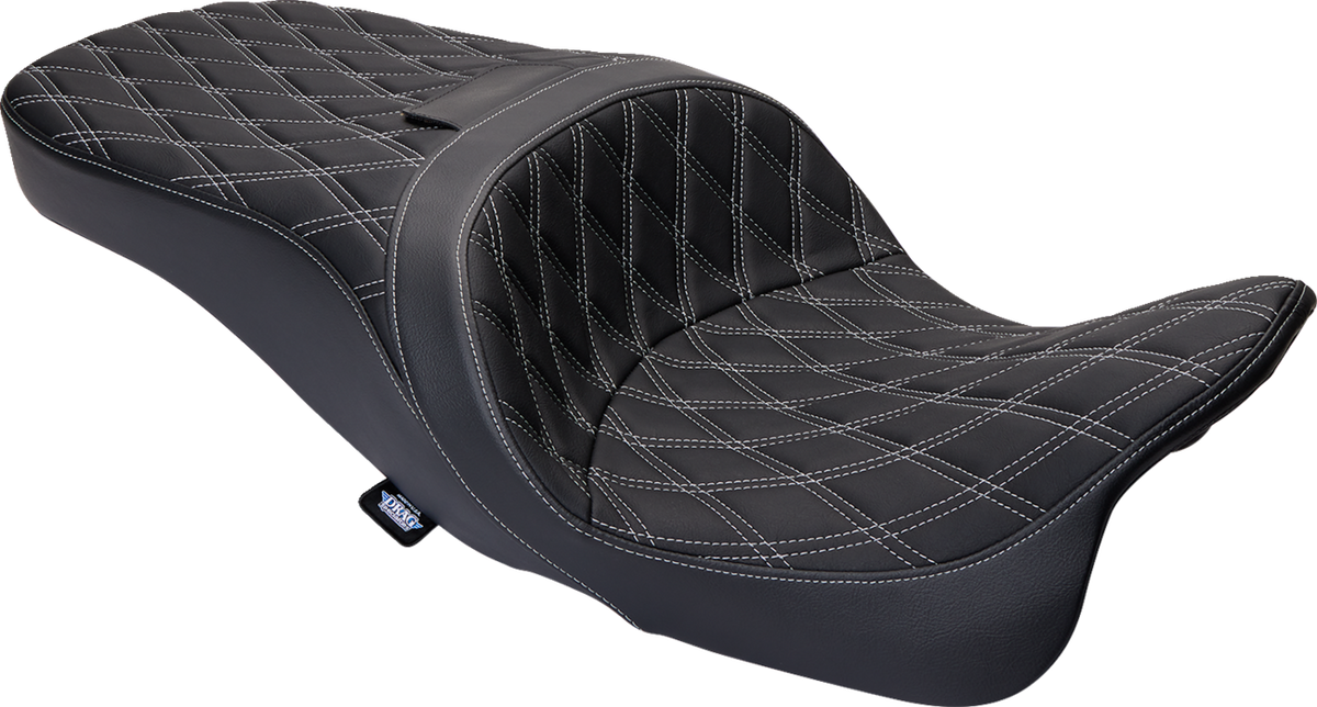 DRAG SPECIALTIES SEATS, DRAG SPECIALTIES SEATS Freedom Seat with Vinyl Cover and Double Diamond Silver Stitch for Harley FLH 2009-2023 – Part Number 0801-1482