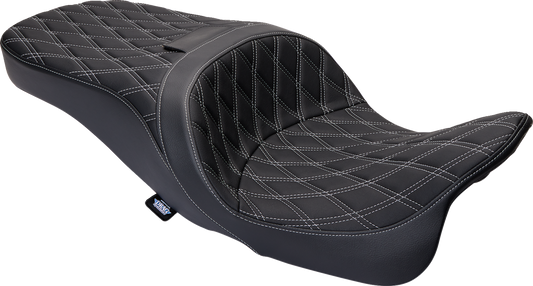 DRAG SPECIALTIES SEATS, DRAG SPECIALTIES SEATS Freedom Seat with Vinyl Cover and Double Diamond Silver Stitch for Harley FLH 2009-2023 – Part Number 0801-1482