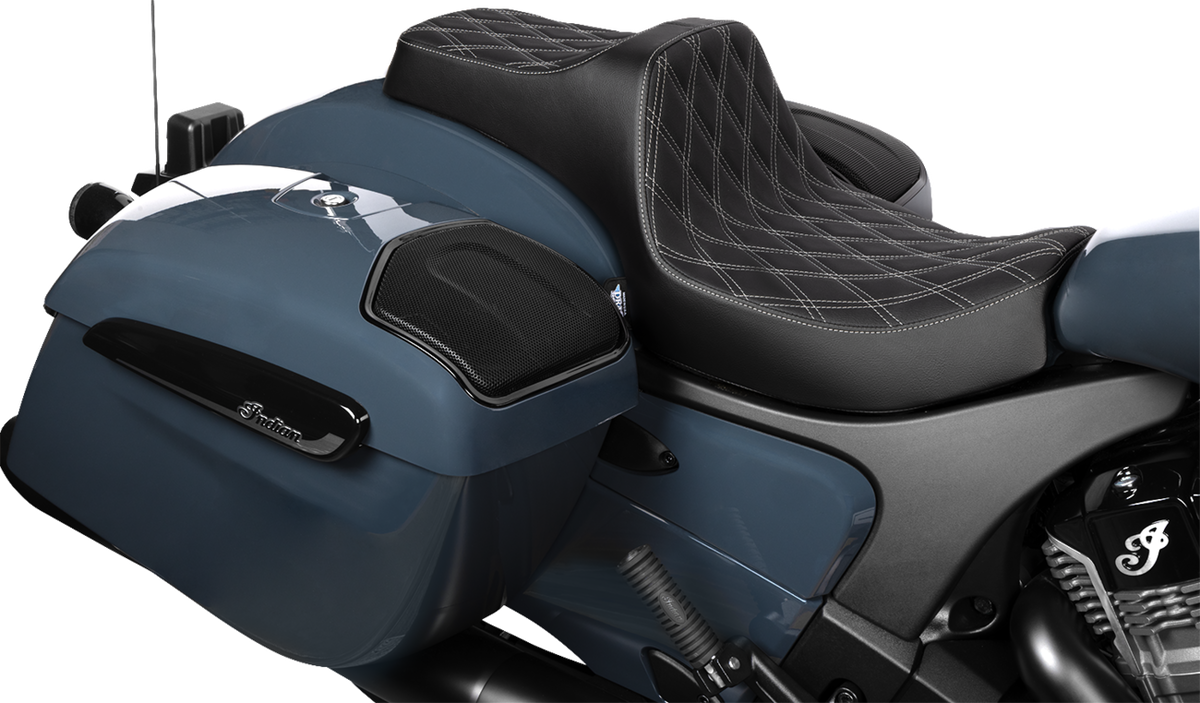 DRAG SPECIALTIES SEATS, Drag Specialties Seats Predator III 2-Up Seat for Chieftain '25 and Challenger '20-'25 - Vinyl with Double Diamond Pattern and Silver Stitch - Part Number 4720C