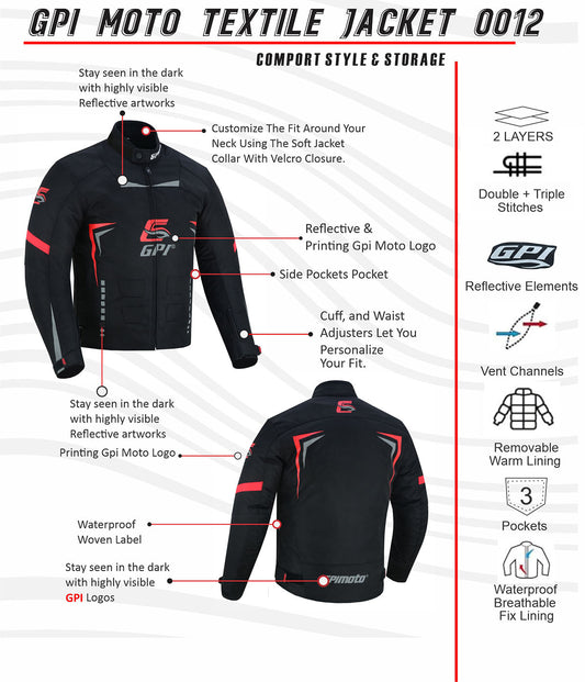 Men's All Season 4 Pockets Water Proof Motorcycle Black/Grey/Red Jacket-
