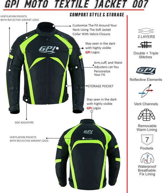 Men’s All-Season 4 Pockets Waterproof High Premium Quality Motorcycle Jacket – Fluorescent/Black-