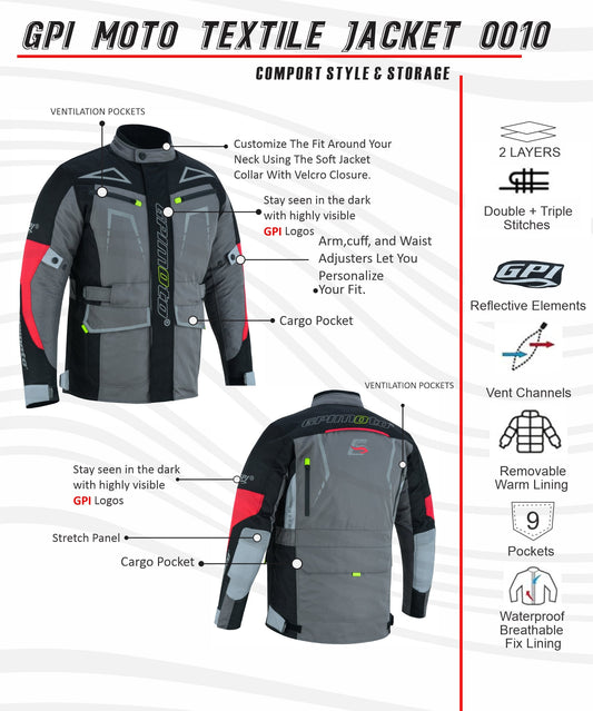 Men’s All-Season High Premium Quality Soft Adjustable Motorcycle Jacket – 6 Pockets, Grey/Black-