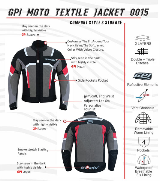 Men’s High Premium Quality Summer 4 Pockets Waterproof Motorcycle Black/Red/Grey Jacket-