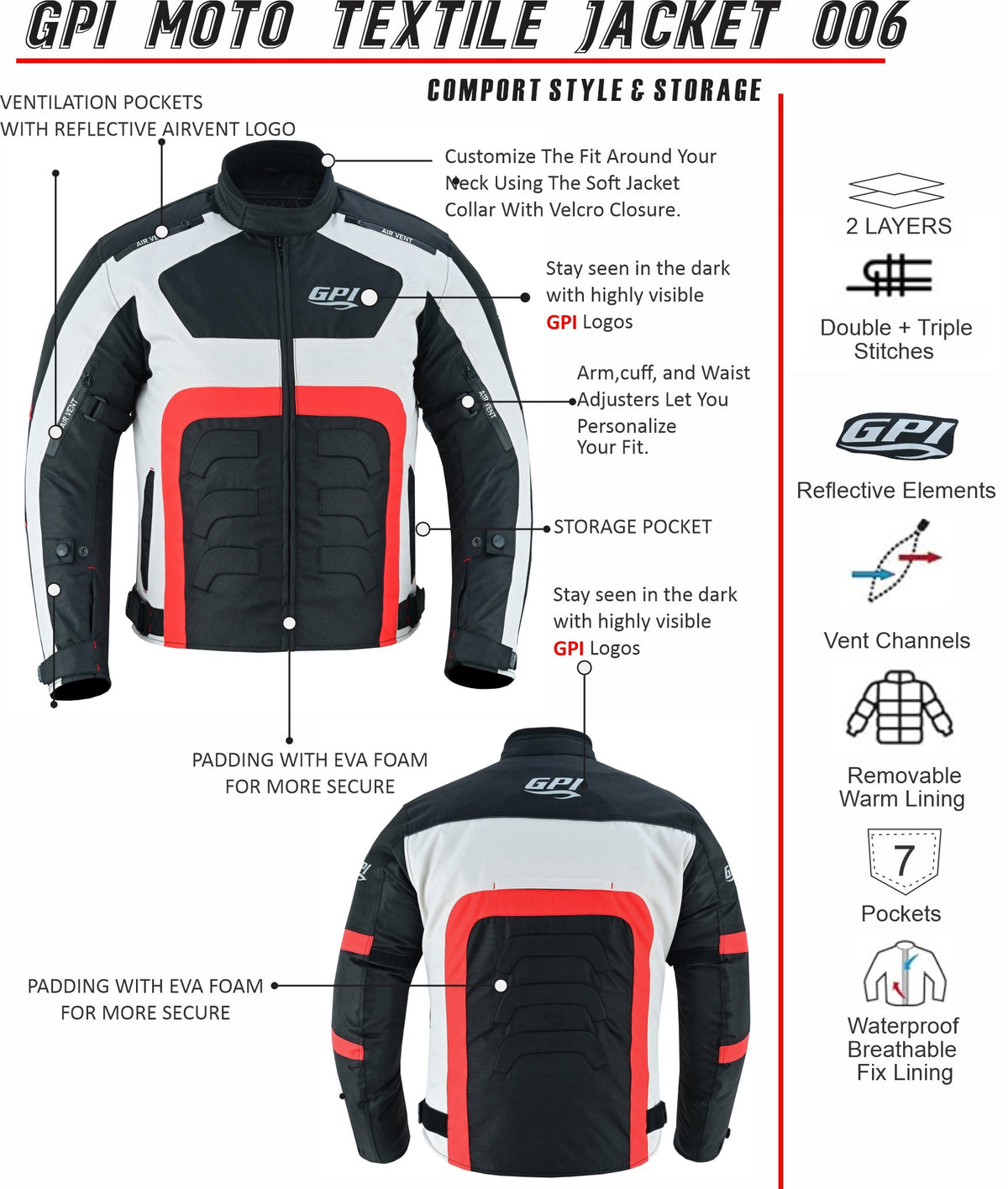 Men’s All-Season High Premium Quality Waterproof Motorcycle Jacket with 4 Pockets – Black/Beach/Red-