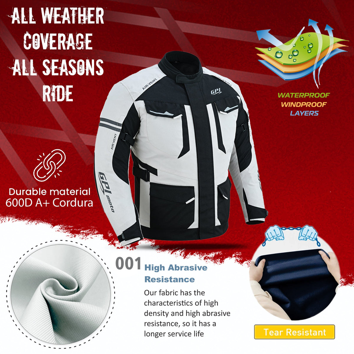 Men’s All-Season 7 Pockets Waterproof High Premium Quality Motorcycle Jacket – Beach/Black-