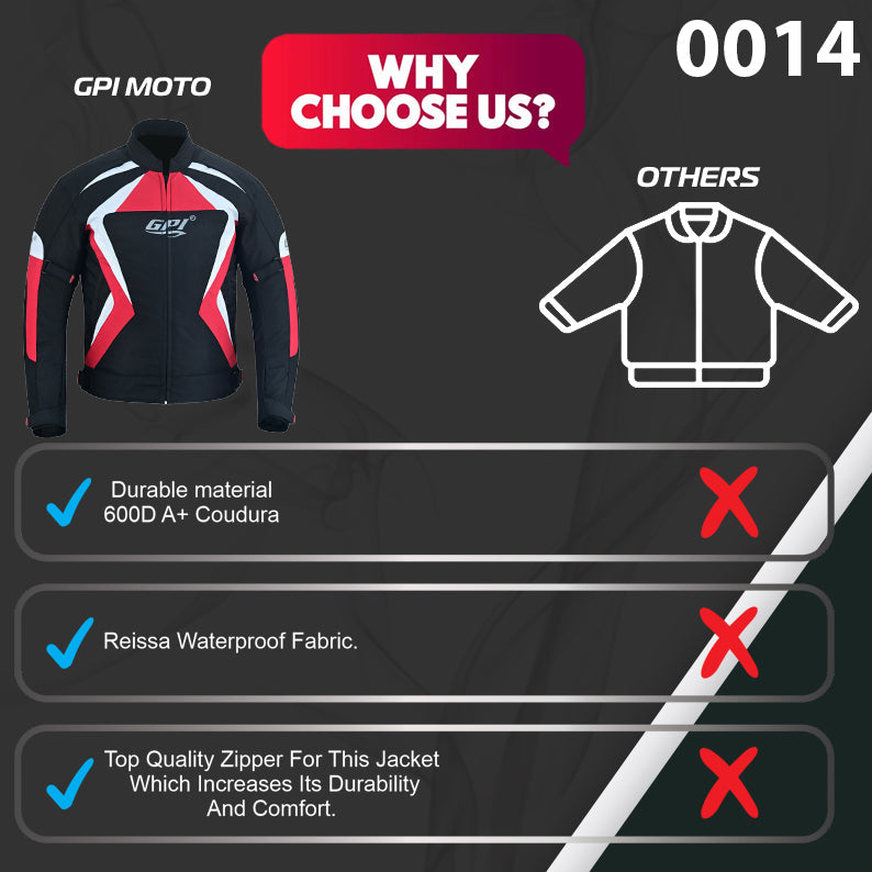 Men’s High Premium Quality All Season 4 Pockets Waterproof Motorcycle Black/Red/White Jacket-