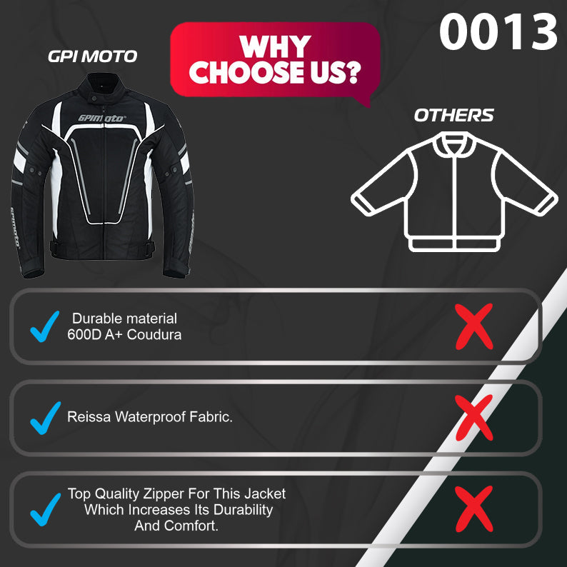 Men's All Season High Premium Quality 4 Pockets Waterproof Motorcycle Jacket – Black/White-