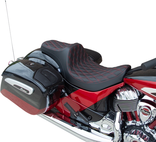DRAG SPECIALTIES SEATS, DRAG SPECIALTIES SEATS Predator III Double Diamond Seat with Red Stitching for Indian '14-'22 – Vinyl Cover and Molded Foam