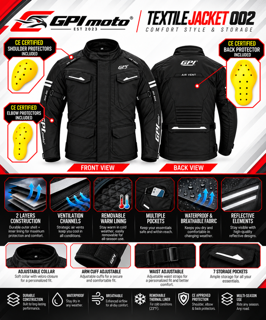 Men’s All-Season High Premium Quality Waterproof Motorcycle Jacket with Removable Armor – Full Black