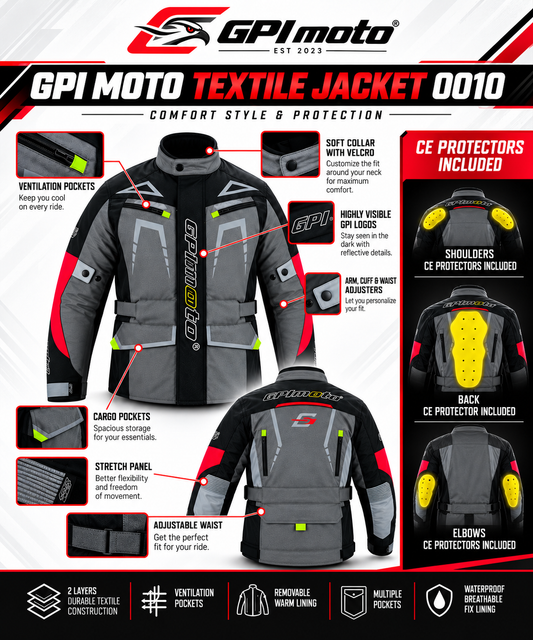Men’s All-Season High Premium Quality Soft Adjustable Motorcycle Jacket – 6 Pockets, Grey/Black